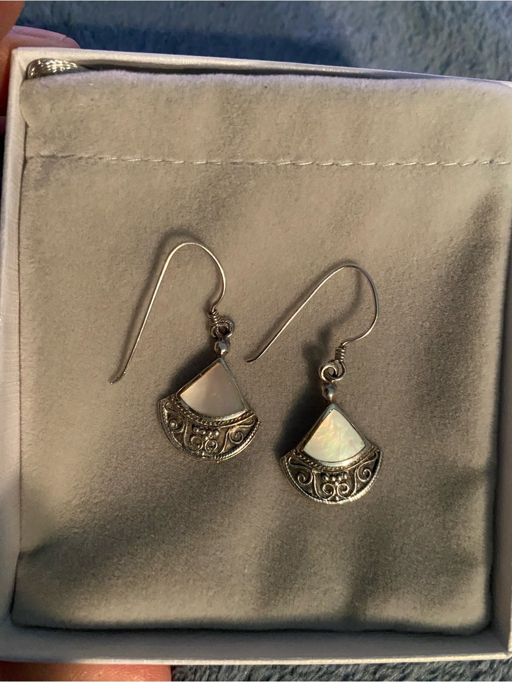 Sterling Silver 925 and Mother-of-Pearl Drop Earrings with scroll detail